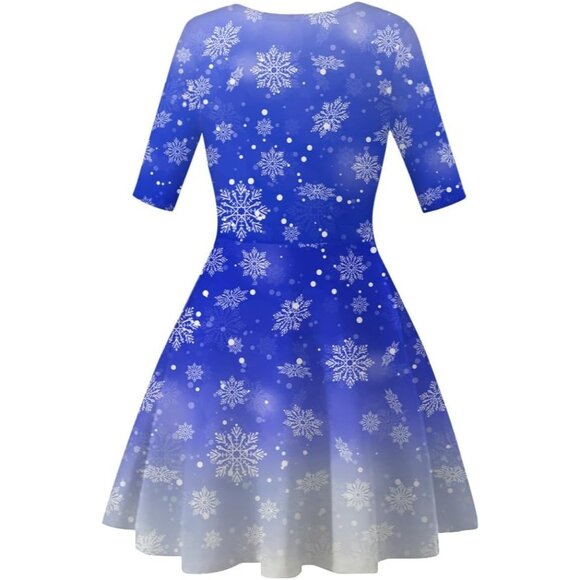 Women's Ugly Christmas Santa Dress Snowflake Blue Holiday Print Dress for Xmas - Picture 3 of 3